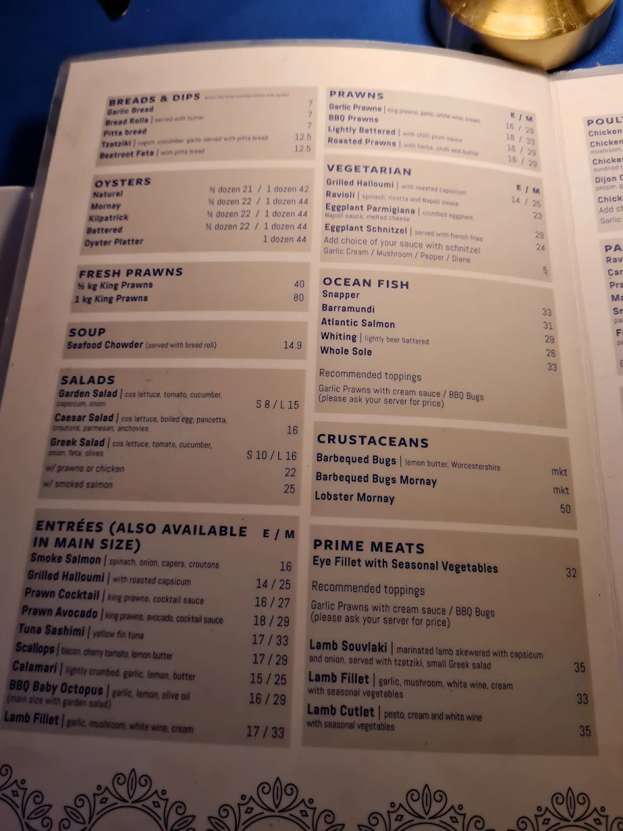Menu, Unicorn Seafood Restaurant Broadbeach
