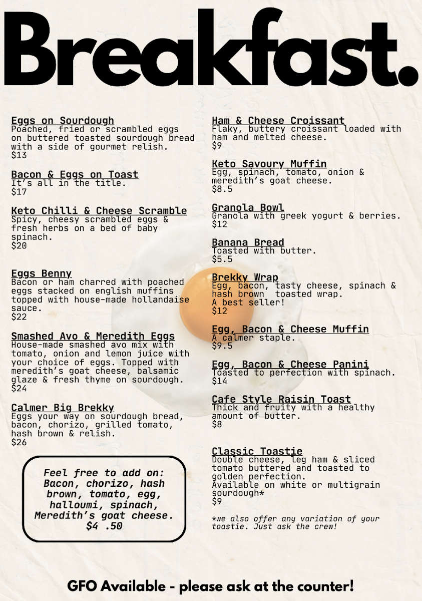 Menu, Calmer Cafe