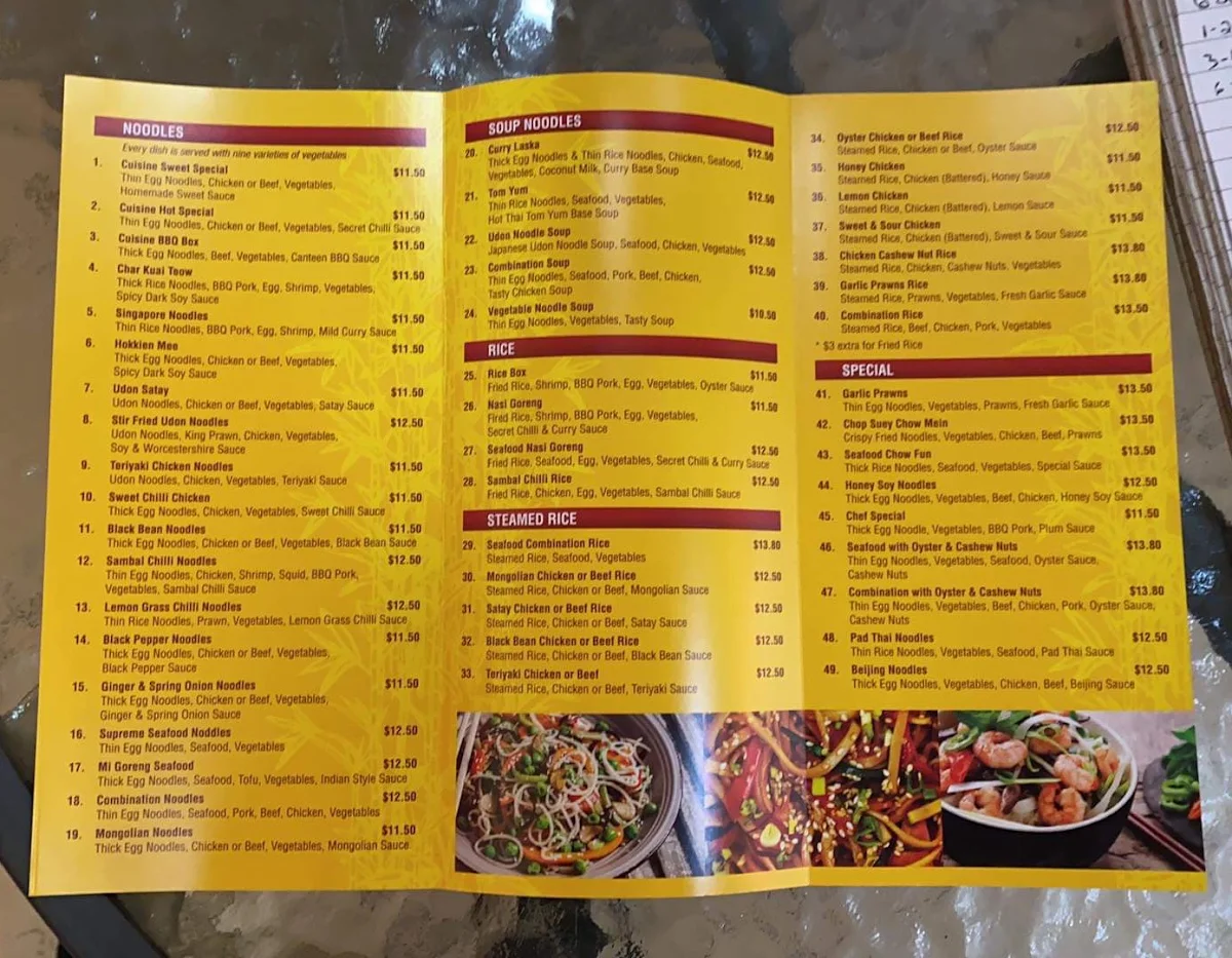 Menu, Noodle Cuisine Bar
