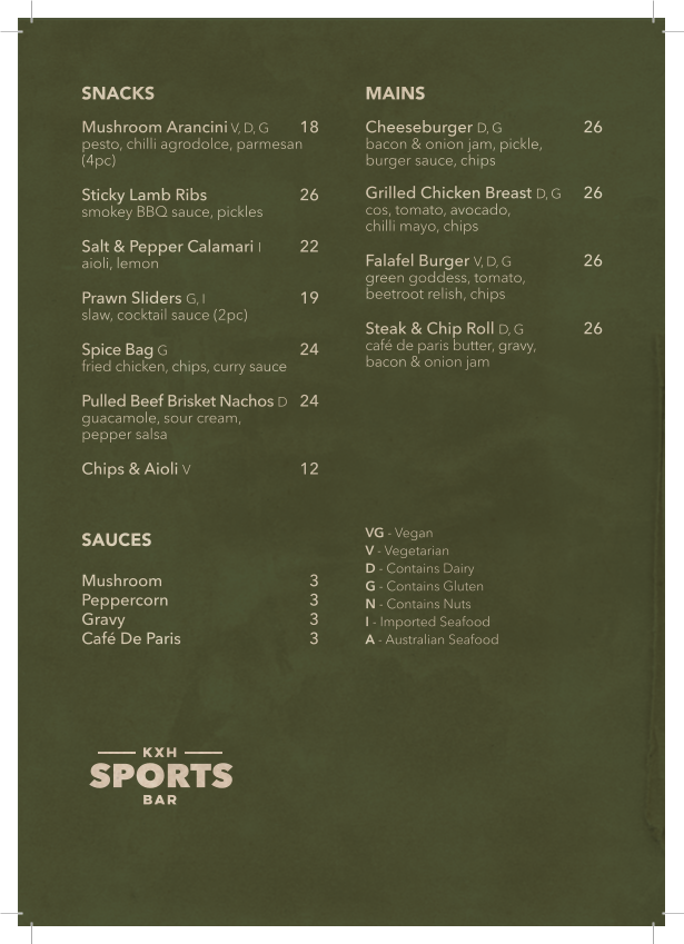 Menu, Kings Cross Sports Bar