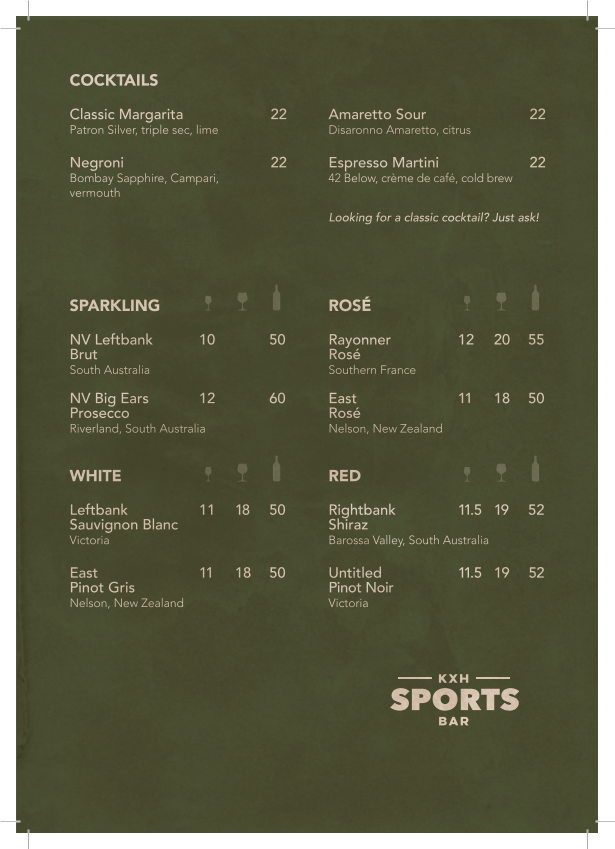 Menu, Kings Cross Sports Bar