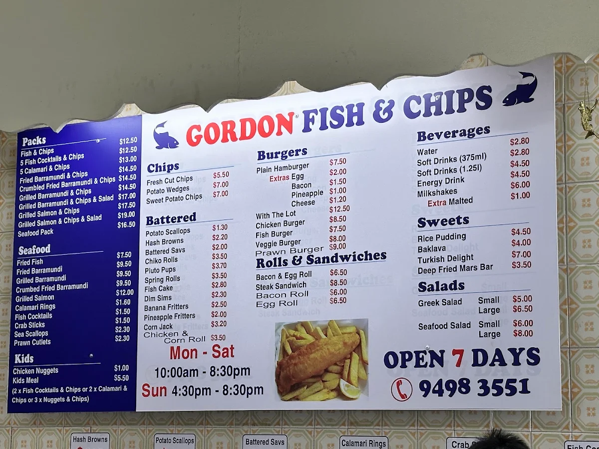 Menu, Gordon Fish & Chips