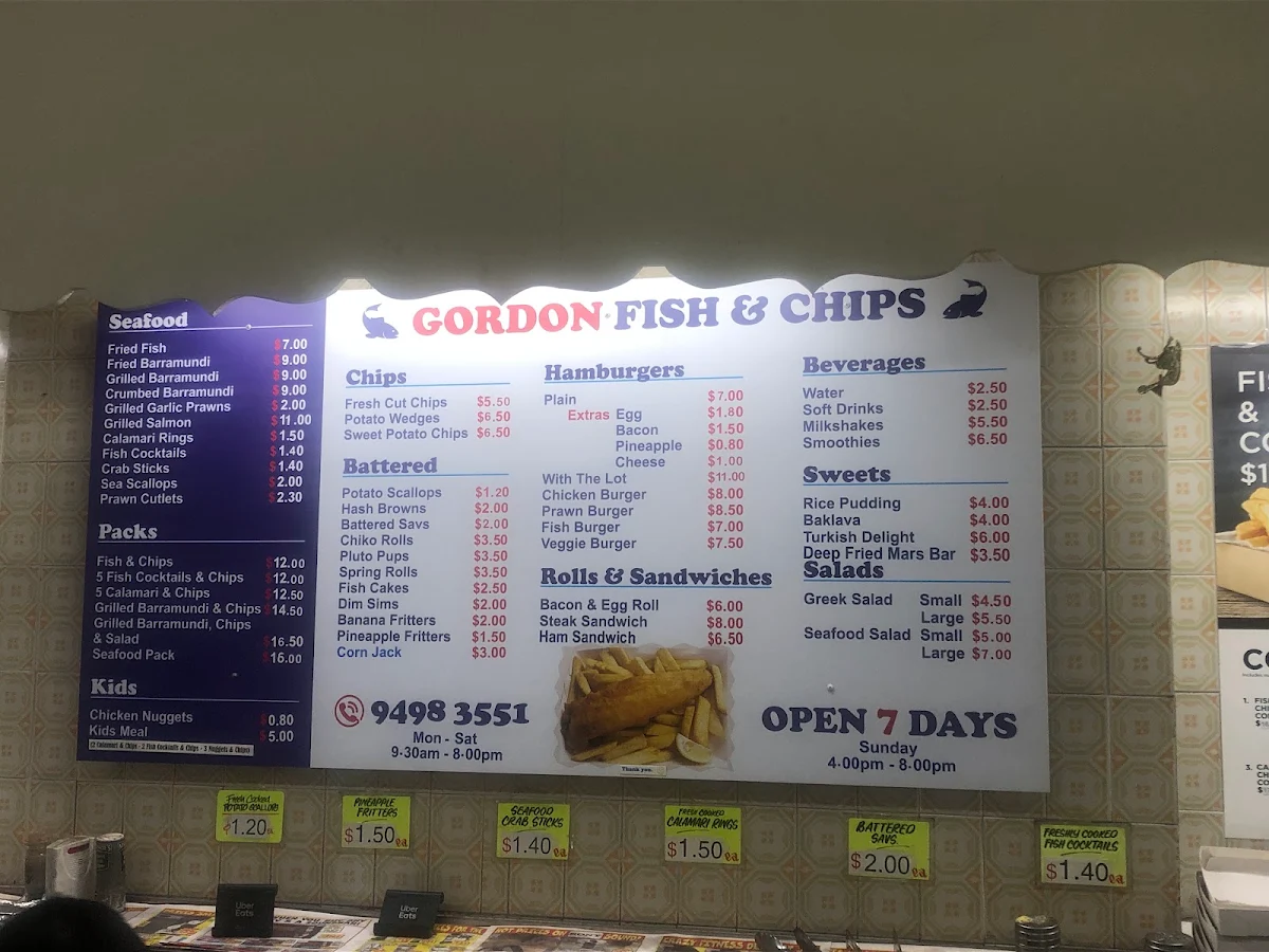 Menu, Gordon Fish & Chips