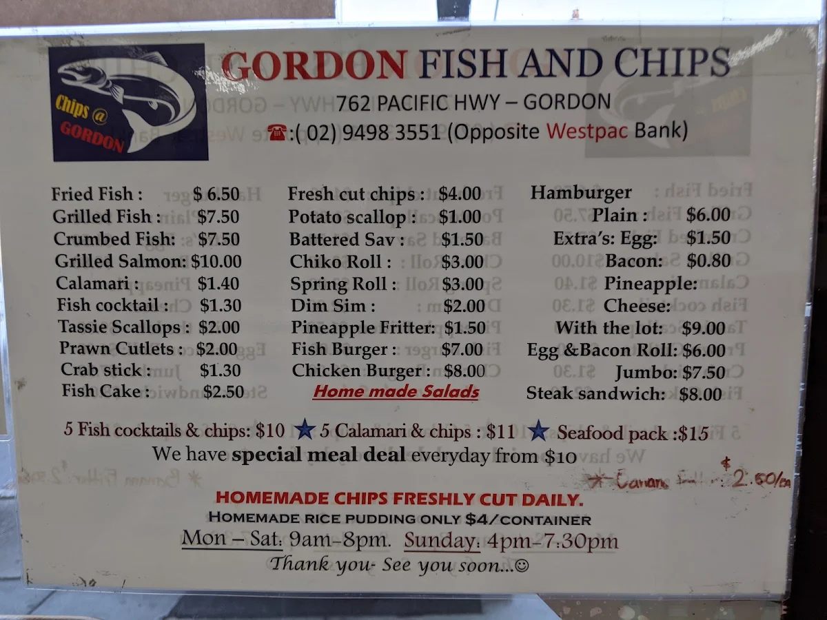Menu, Gordon Fish & Chips