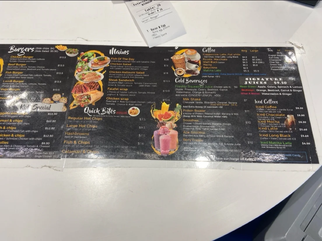 Menu, Waves Cafe