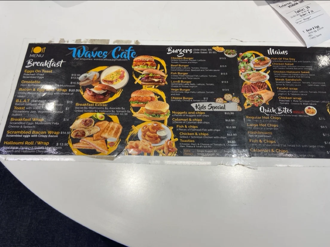 Menu, Waves Cafe