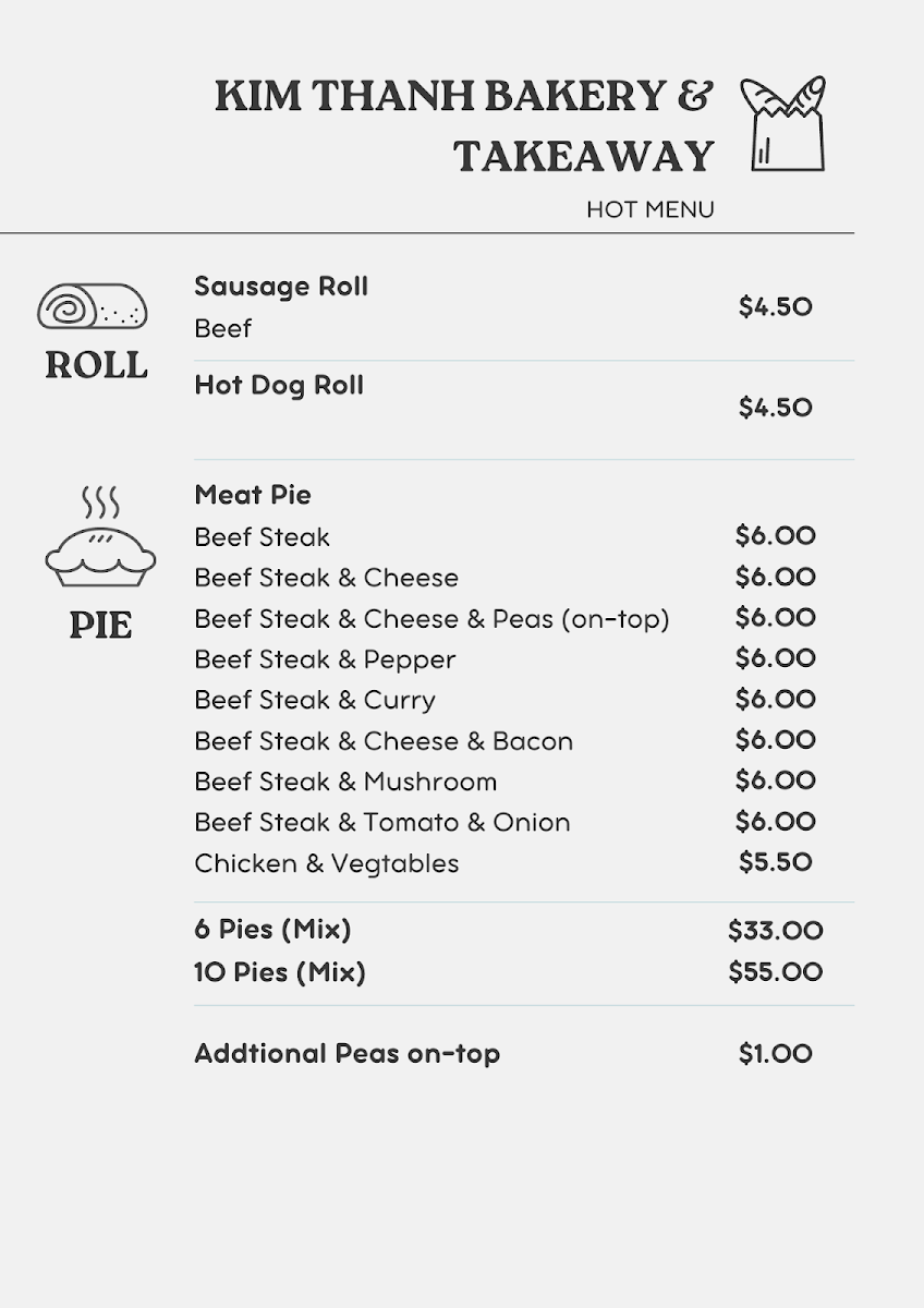 Menu, Kim Thành Bakery & Take Away