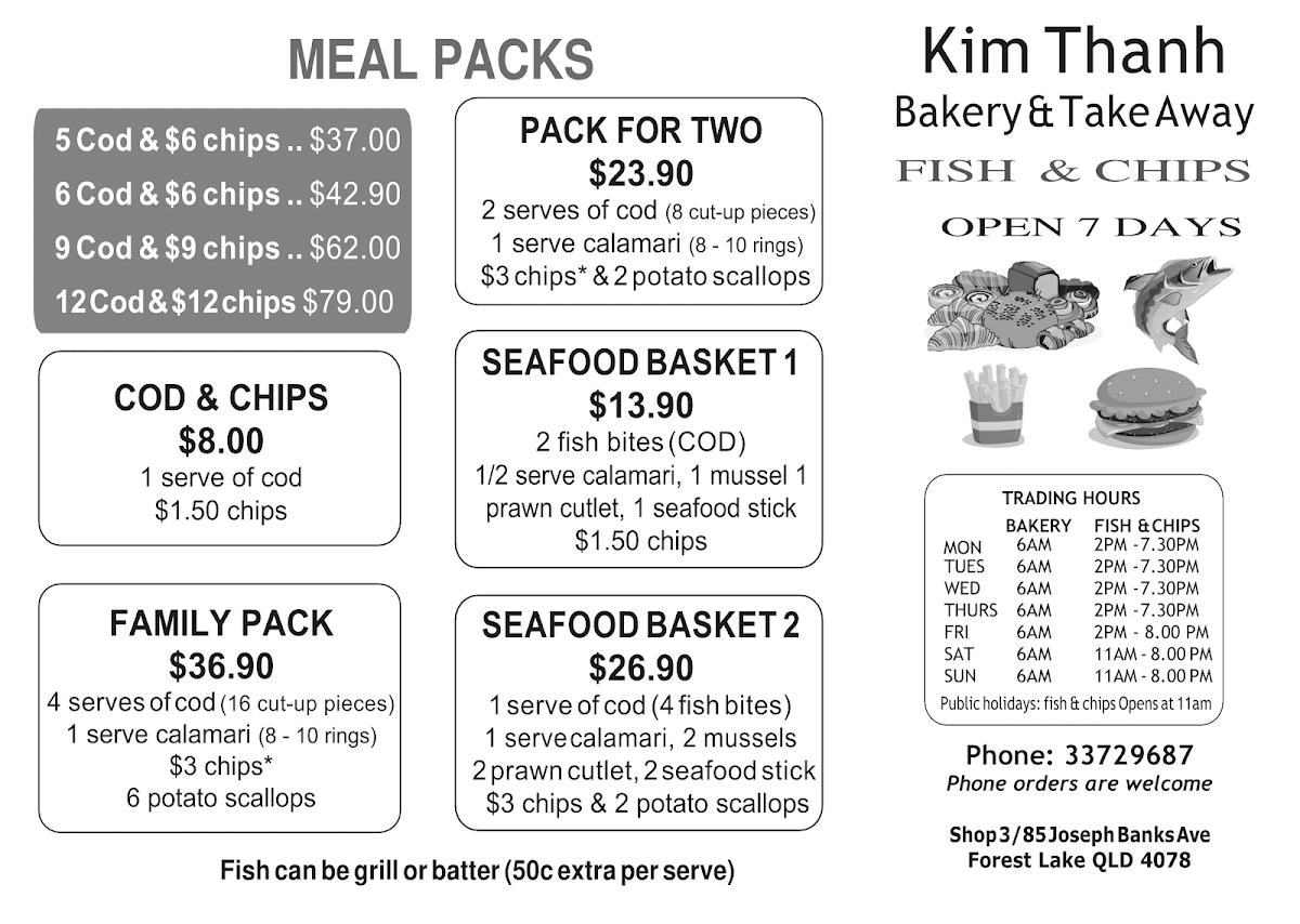 Menu, Kim Thành Bakery & Take Away