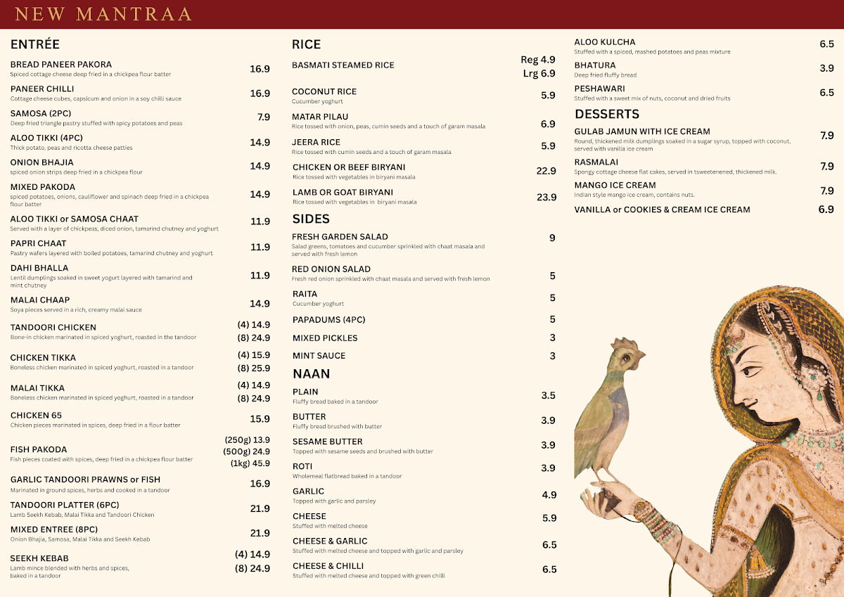 Menu, New Mantraa Indian Cuisine