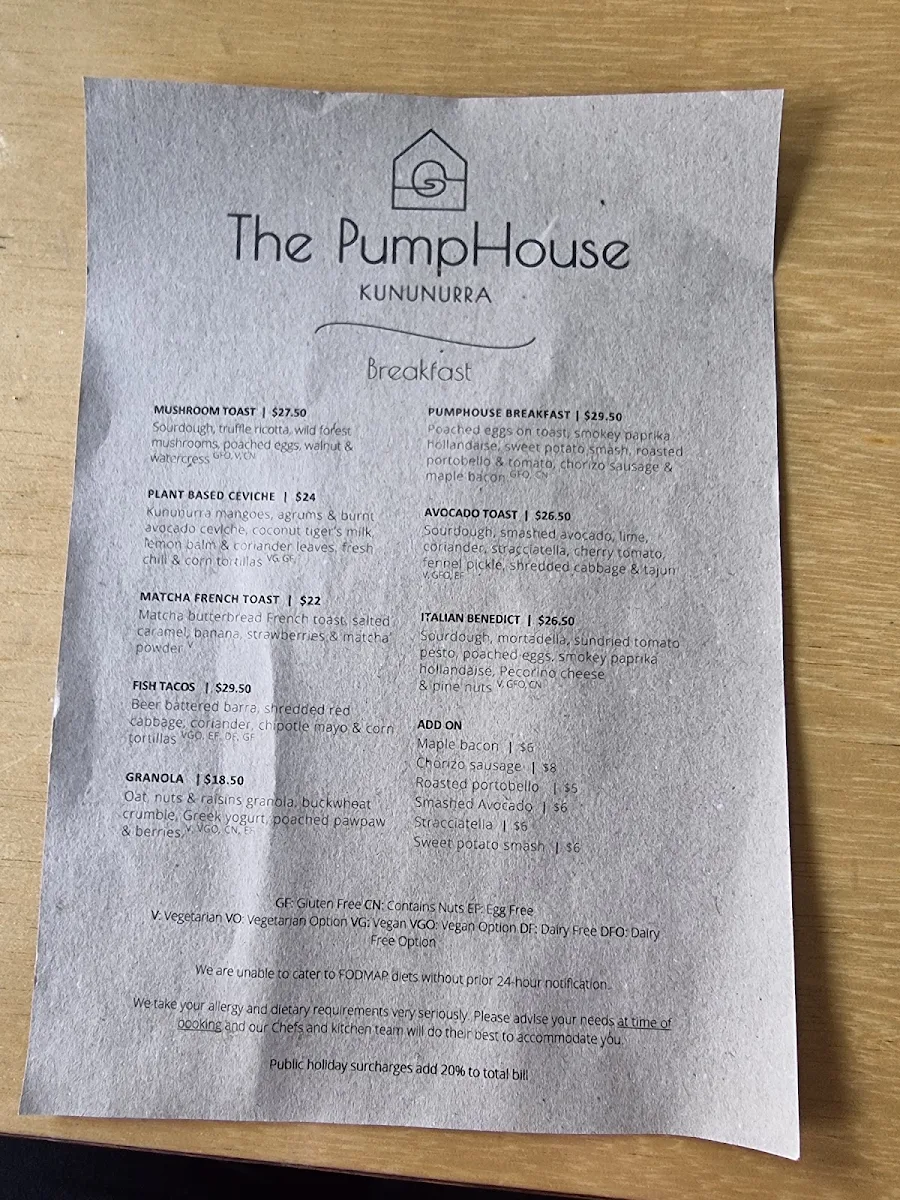Menu, PumpHouse Kununurra