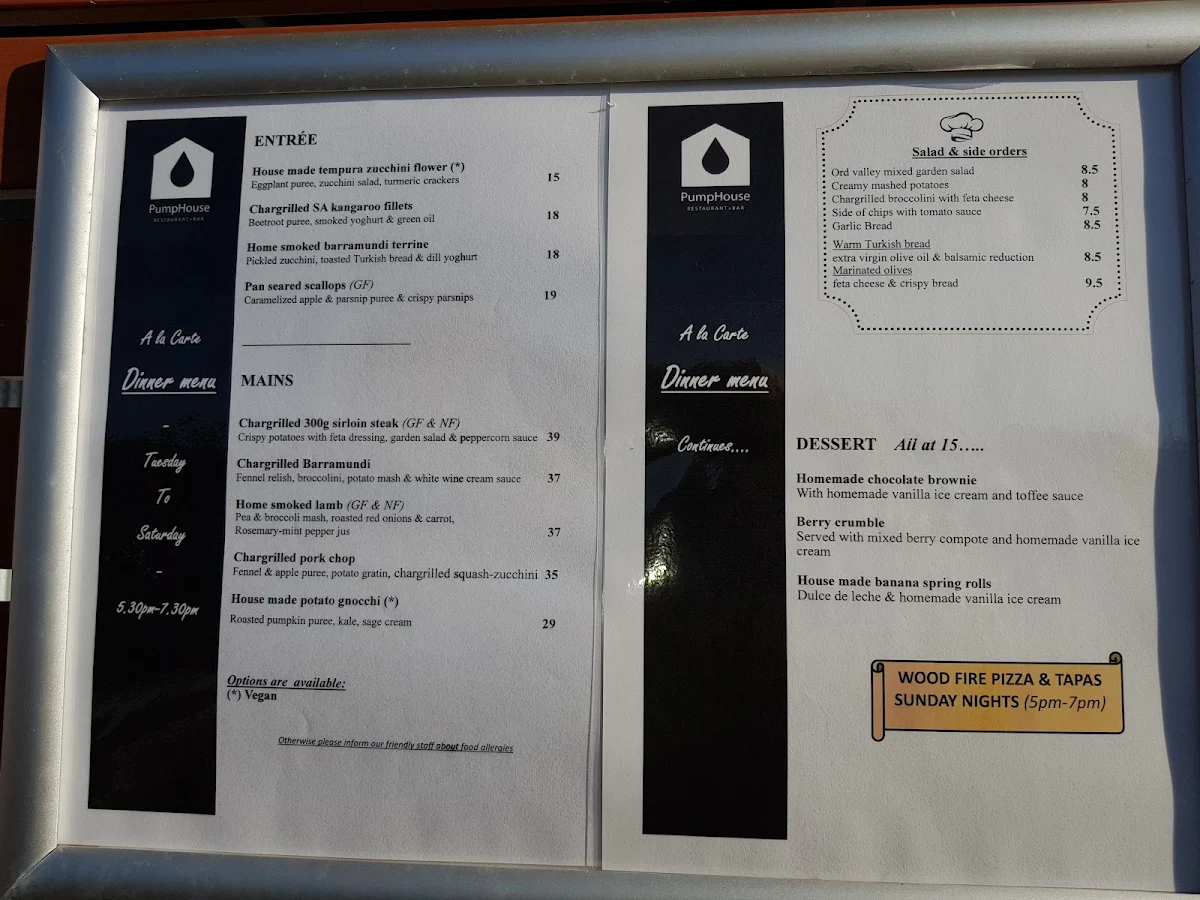 Menu, PumpHouse Kununurra