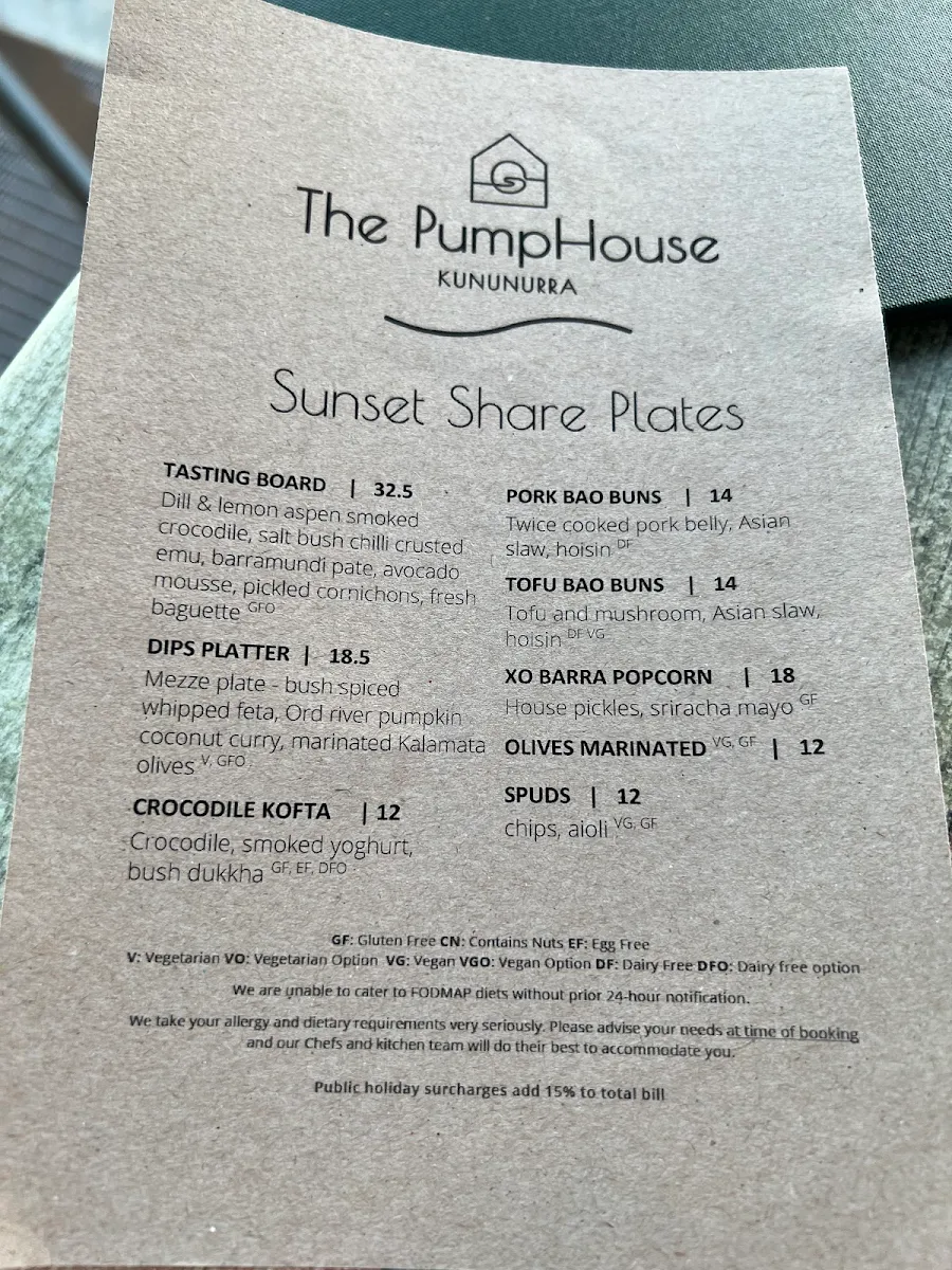 Menu, PumpHouse Kununurra