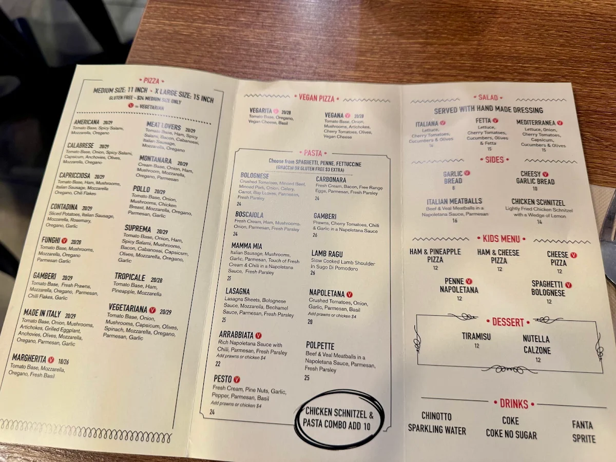 Menu, Made In Italy Pyrmont Pizza & Pasta