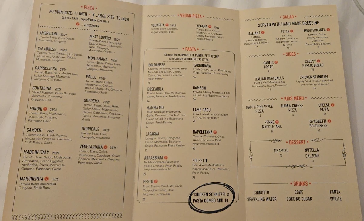 Menu, Made In Italy Pyrmont Pizza & Pasta