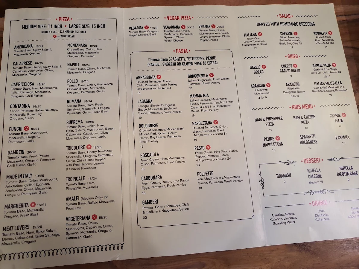 Menu, Made In Italy Pyrmont Pizza & Pasta