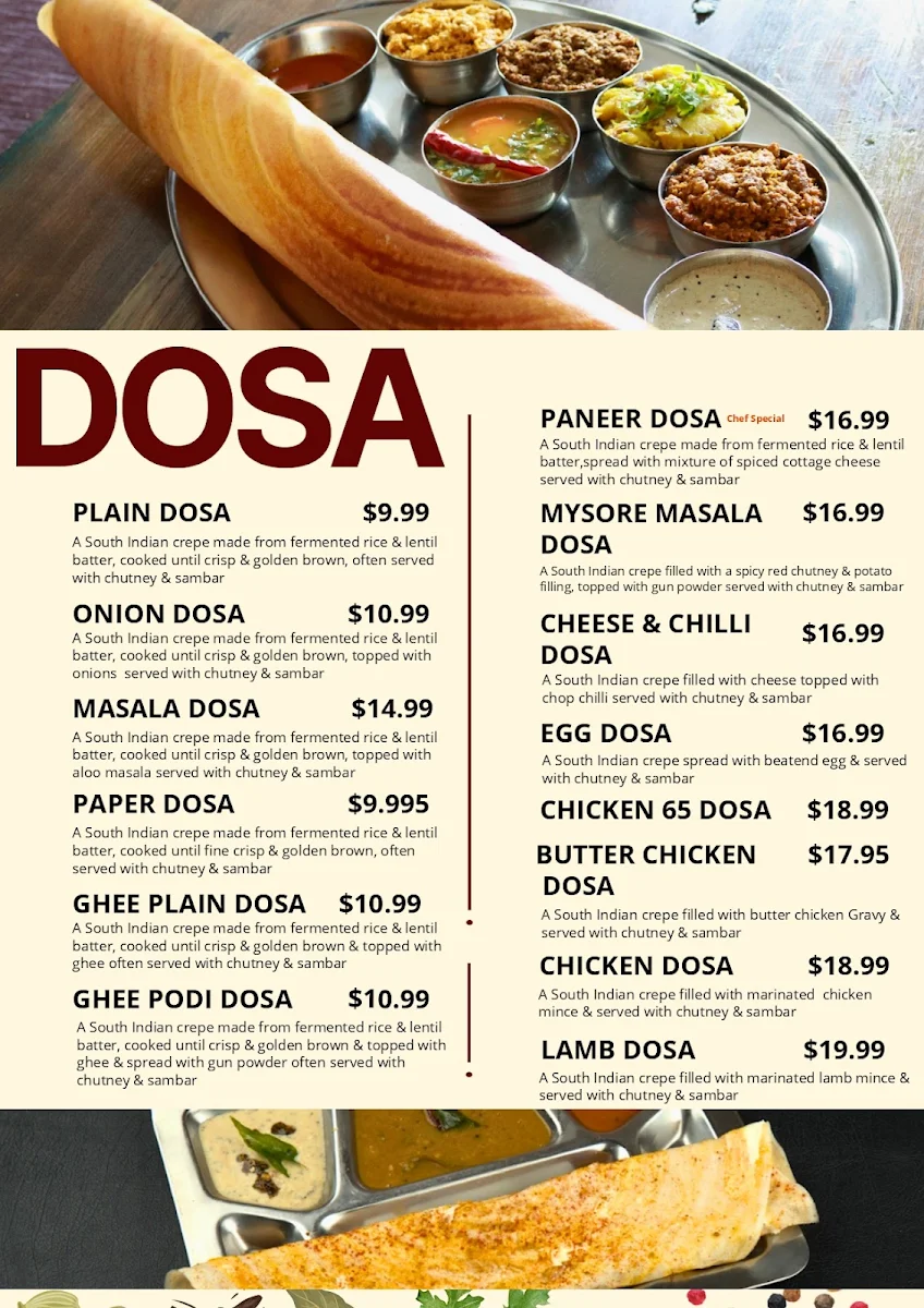 Menu, Dosa Hut Indian Restaurant Shepparton