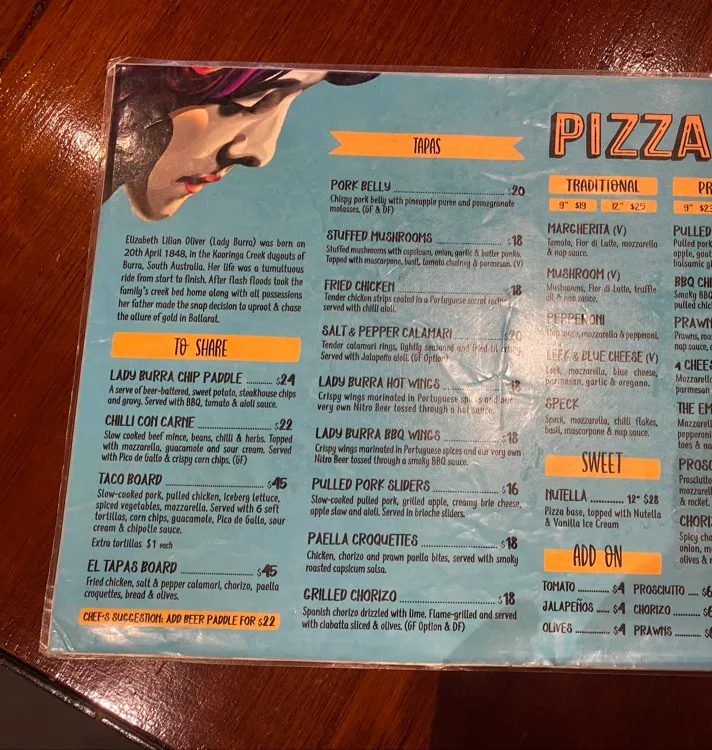 Menu, Lady Burra Brewhouse