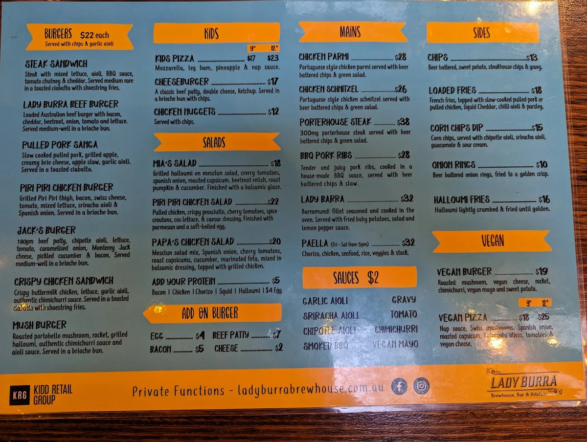 Menu, Lady Burra Brewhouse