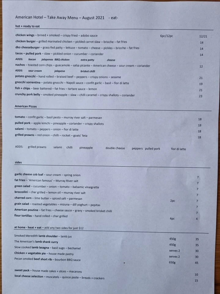 Menu, American Hotel Echuca