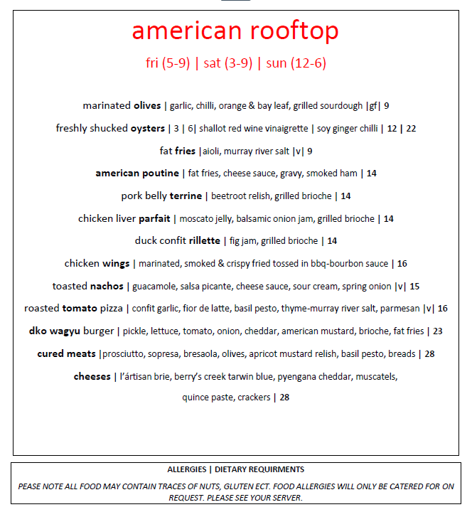 Menu, American Hotel Echuca