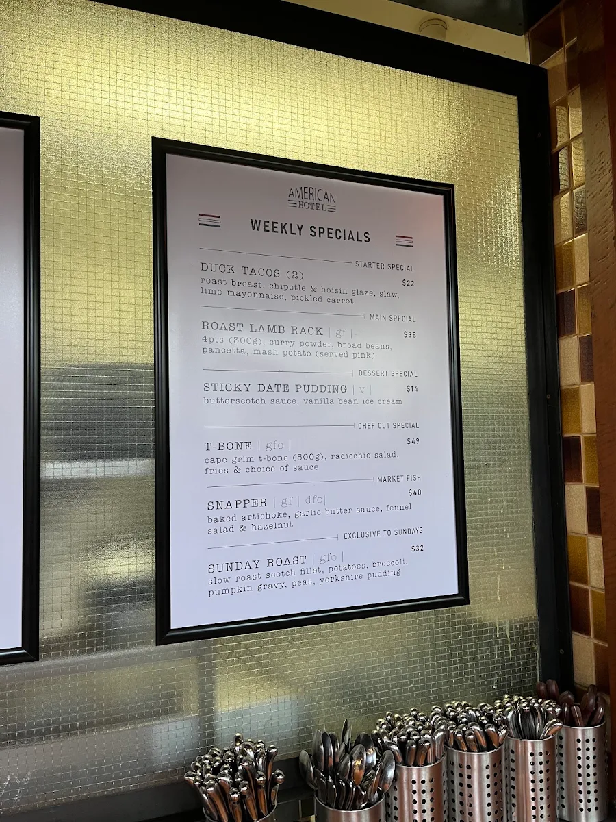 Menu, American Hotel Echuca