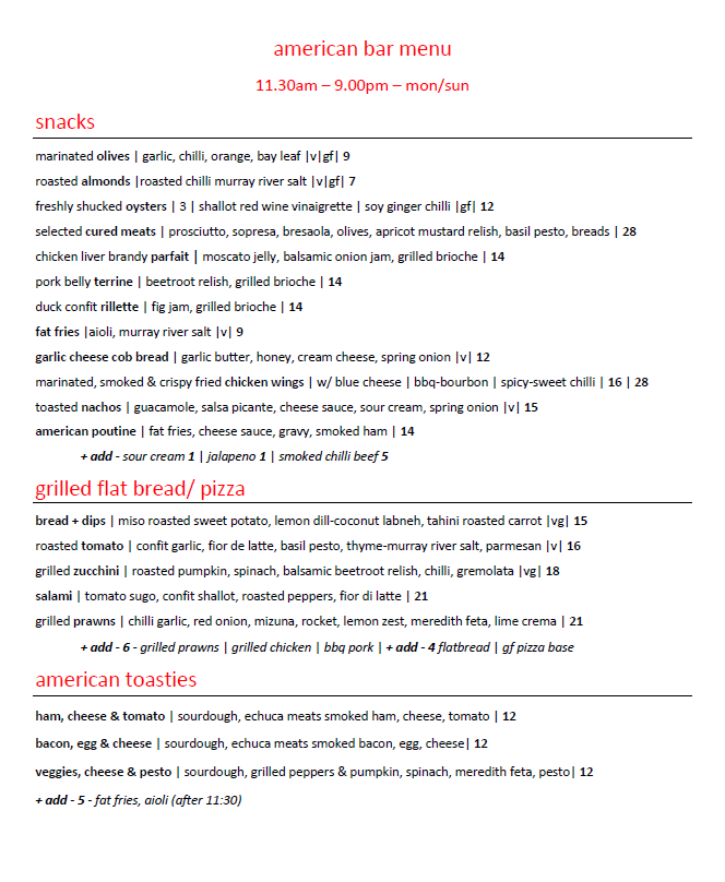 Menu, American Hotel Echuca