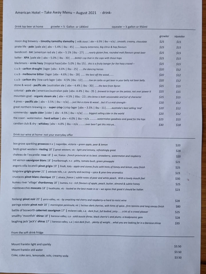 Menu, American Hotel Echuca
