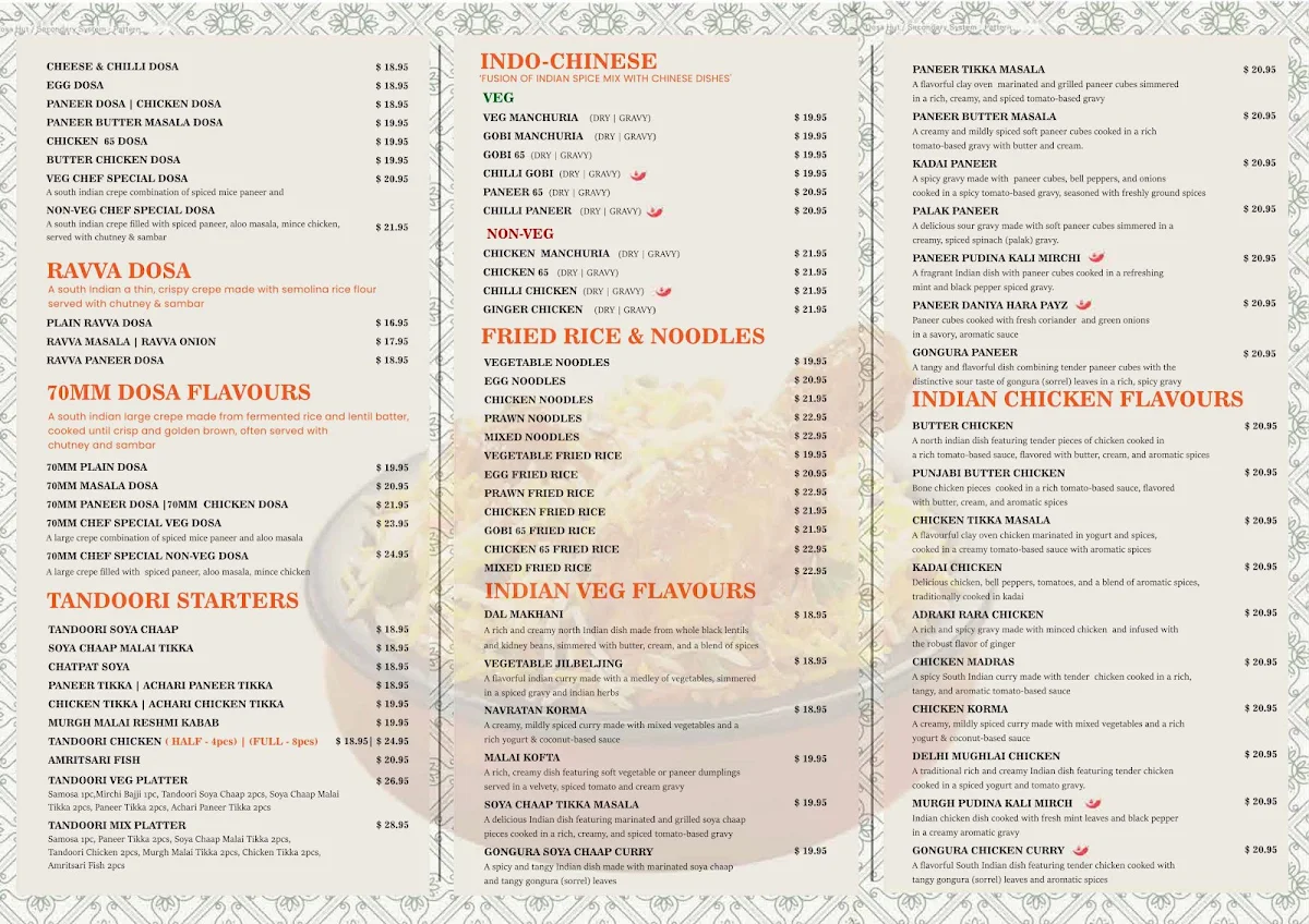 Menu, Dosa Hut Indian Restaurant Ballarat