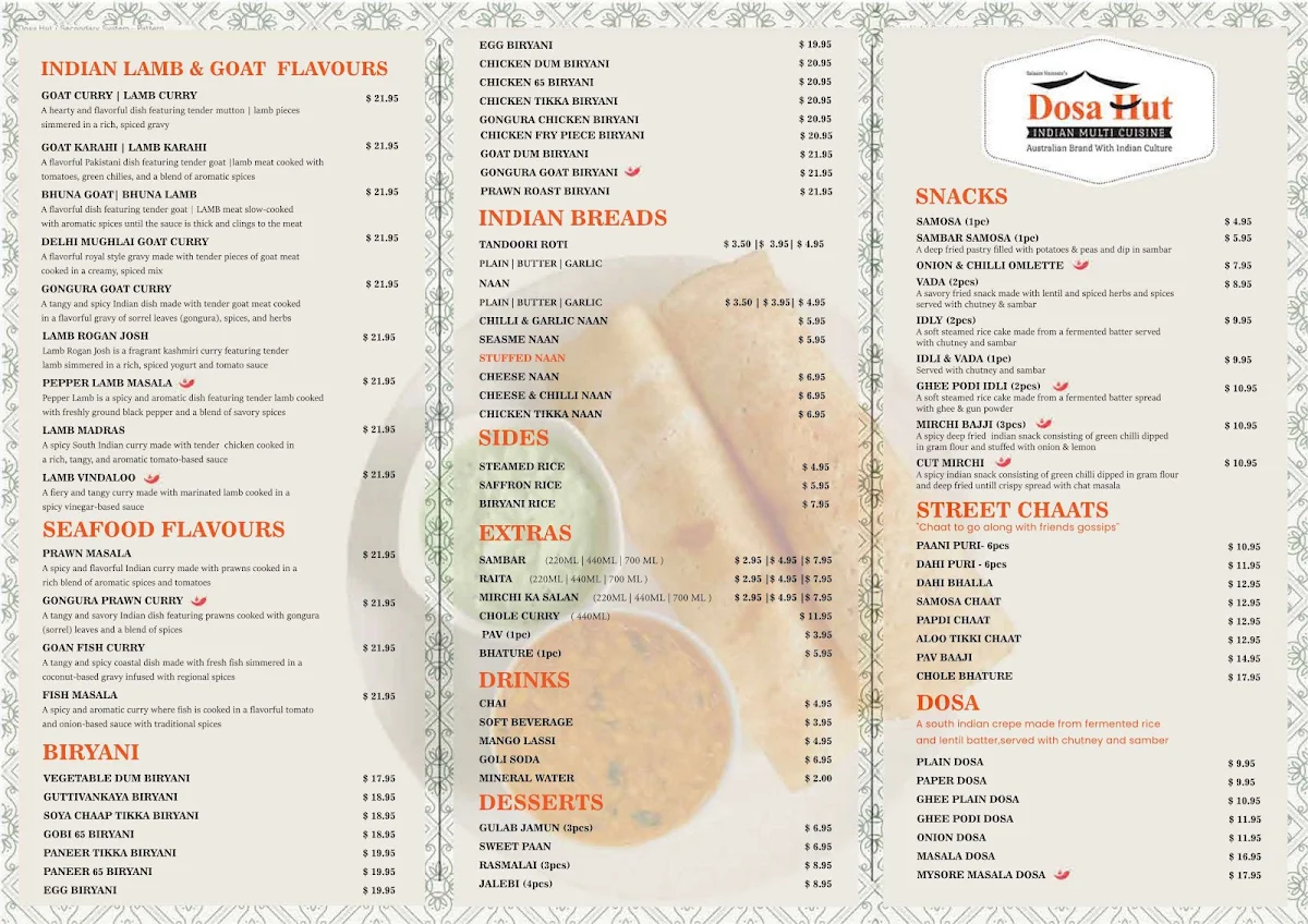 Menu, Dosa Hut Indian Restaurant Ballarat