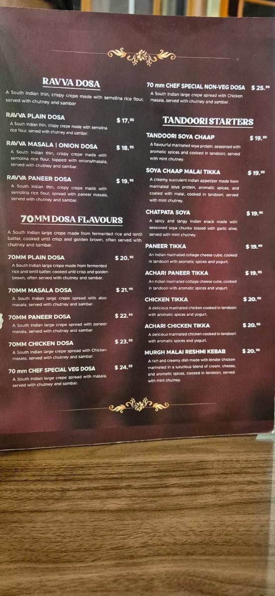 Menu, Dosa Hut Indian Restaurant Ballarat