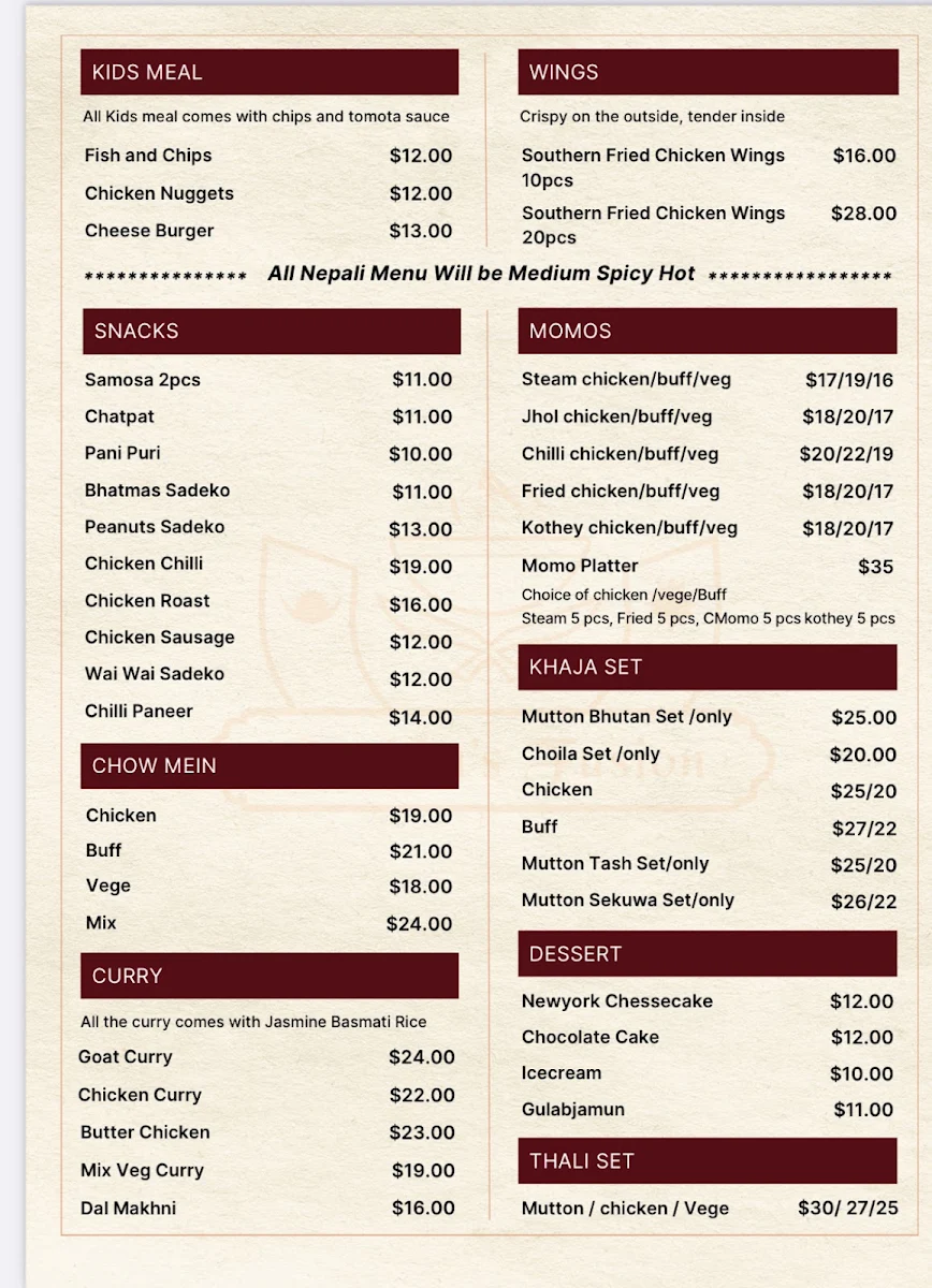 Menu, Gurkha's Fusion
