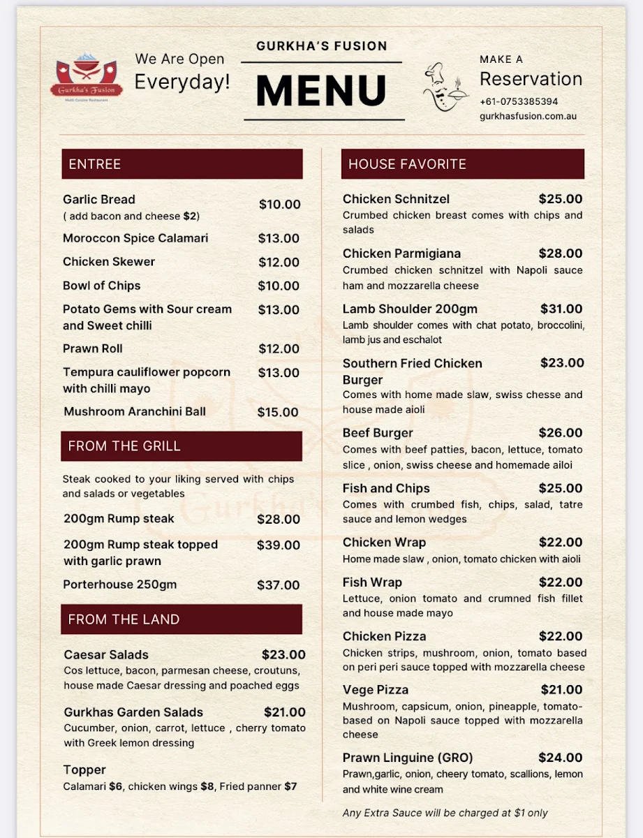 Menu, Gurkha's Fusion