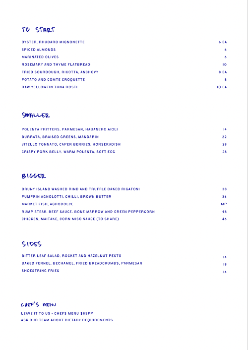 Menu, Bar Sala Abbotsford | Restaurant & Vinyl Bar