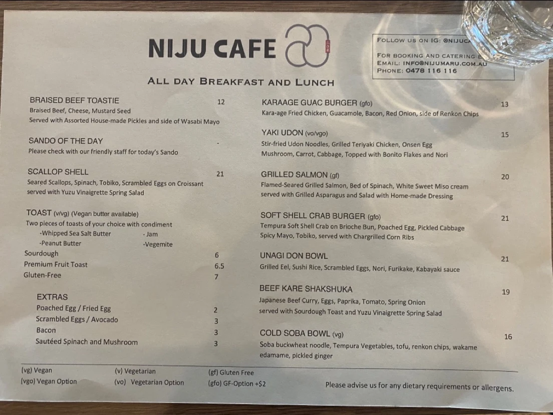 Menu, NIJUMARU North Park (Prospect)