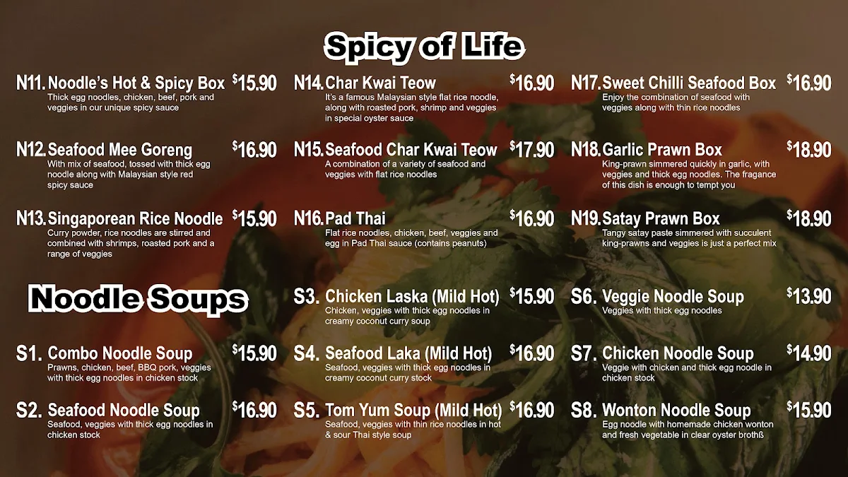 Menu, Eaton Xing & Noodle