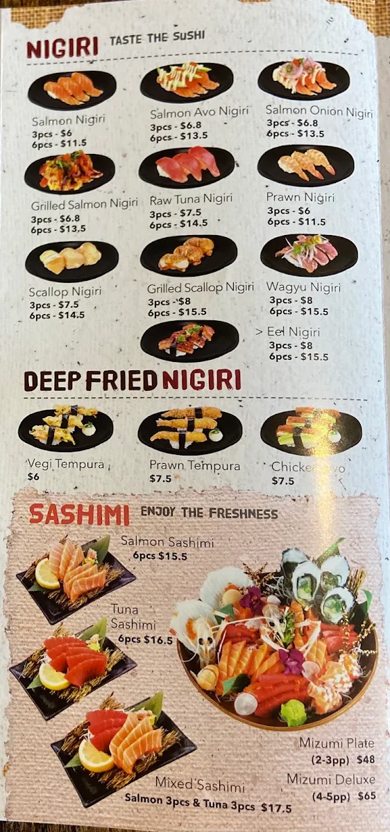 Menu, Mizumi Toronto