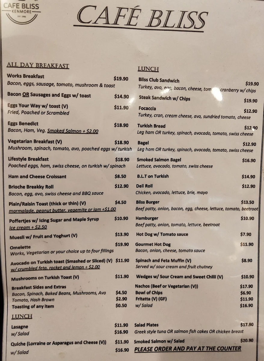 Menu, Cafe Bliss