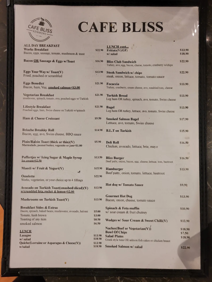 Menu, Cafe Bliss