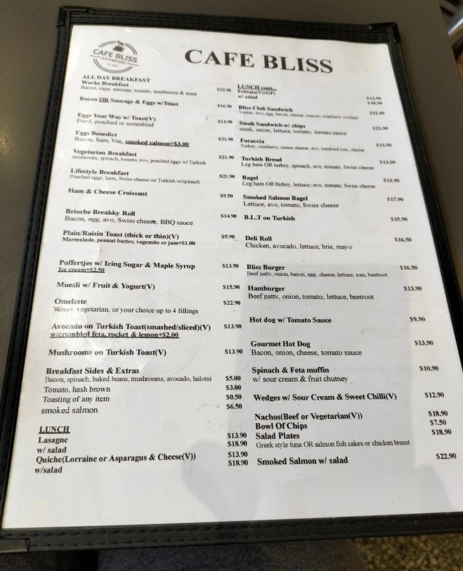 Menu, Cafe Bliss