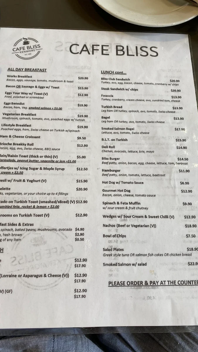 Menu, Cafe Bliss