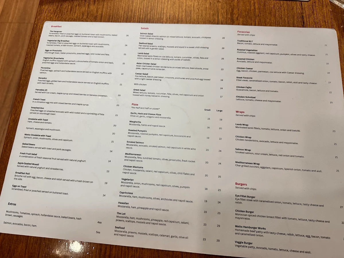 Menu, Cafe Matto