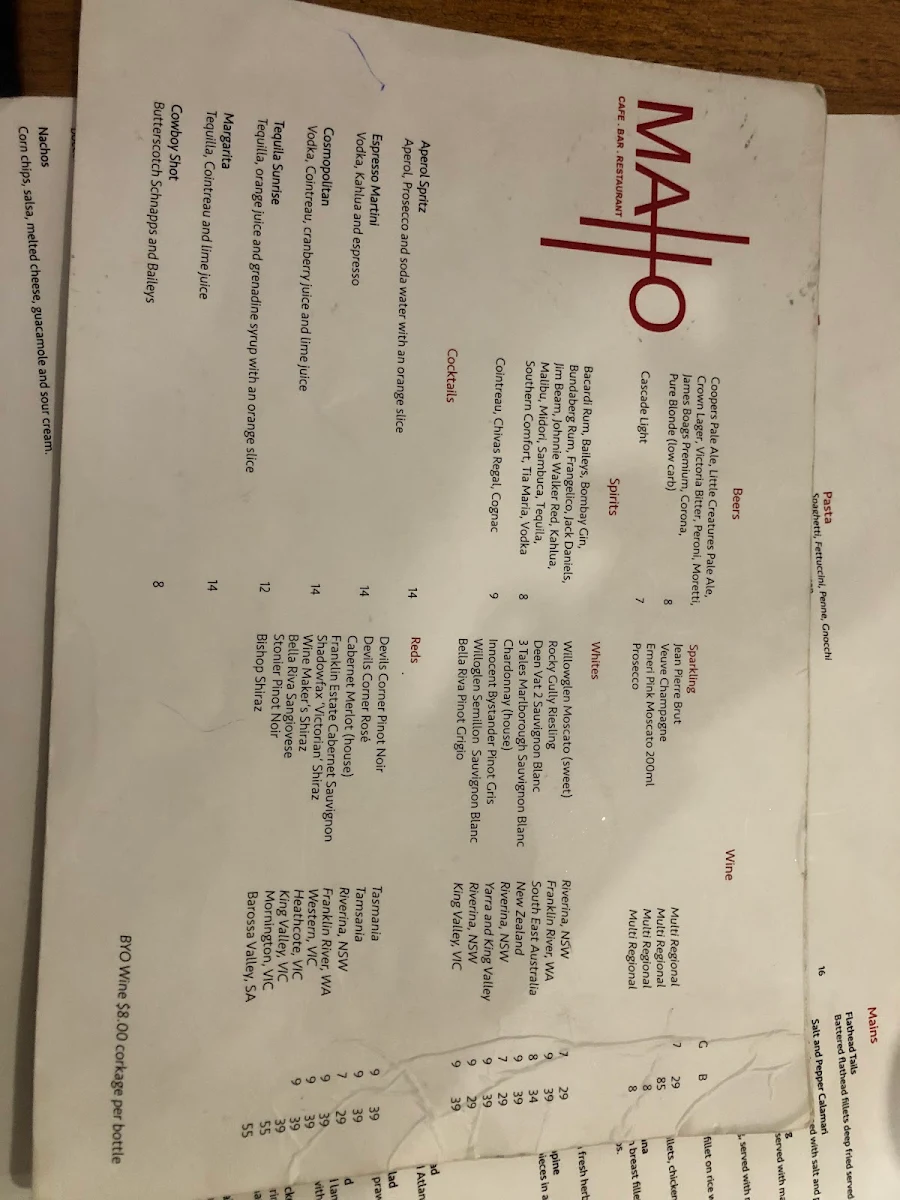 Menu, Cafe Matto