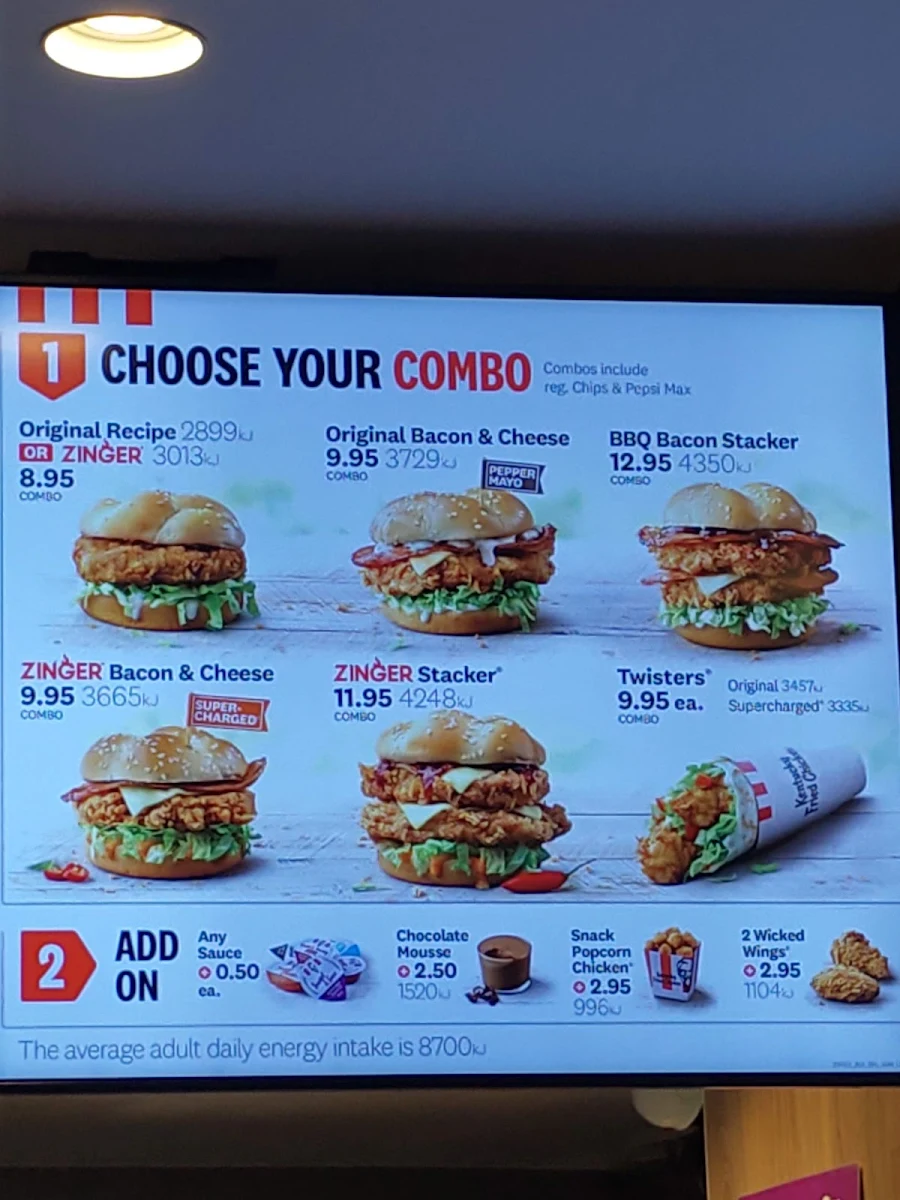 Menu, KFC Kings Cross
