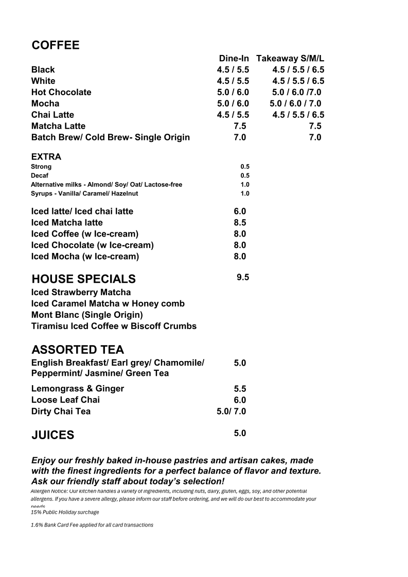 Menu, La Croissanterie & Co
