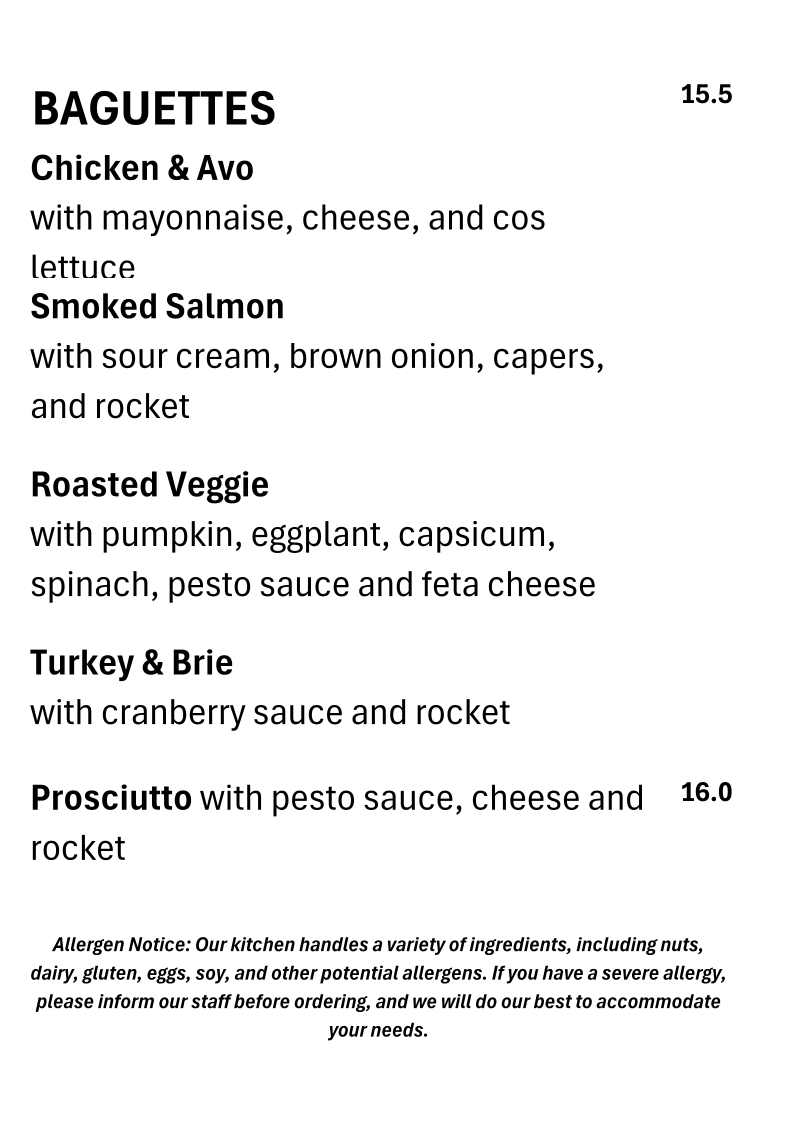 Menu, La Croissanterie & Co
