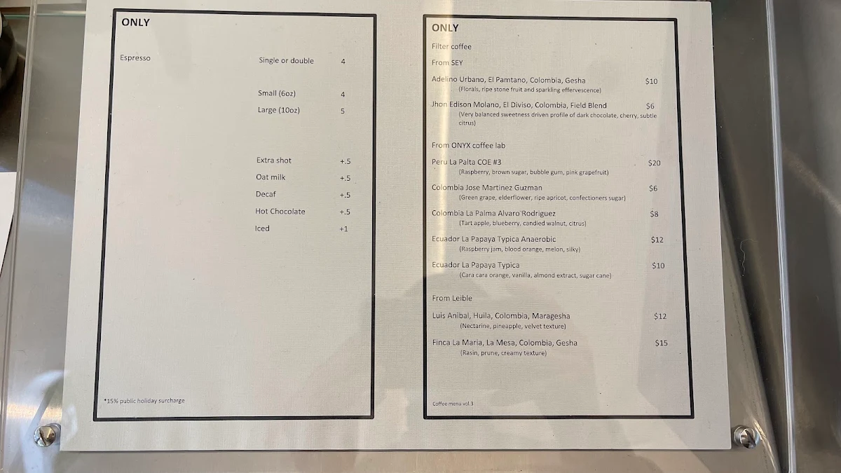 Menu, Only Coffee Project Crows Nest