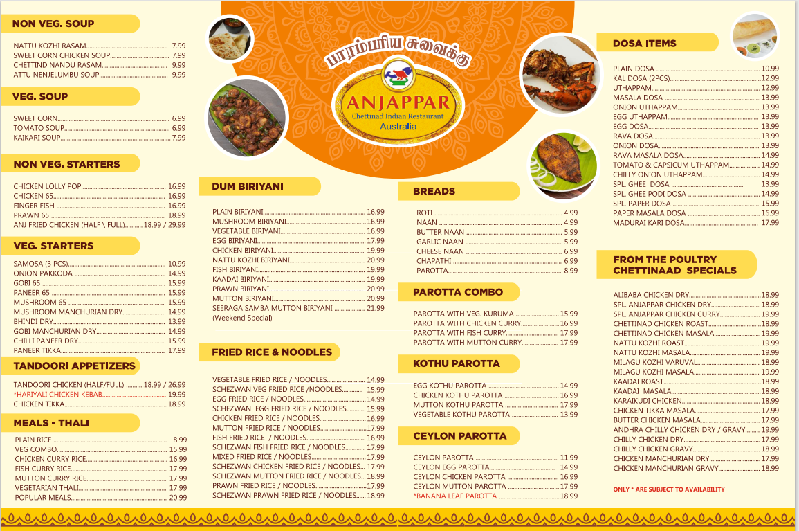 Menu, Anjappar Parramata (Australia)