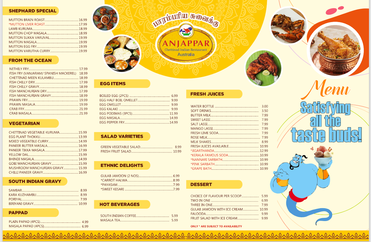 Menu, Anjappar Parramata (Australia)
