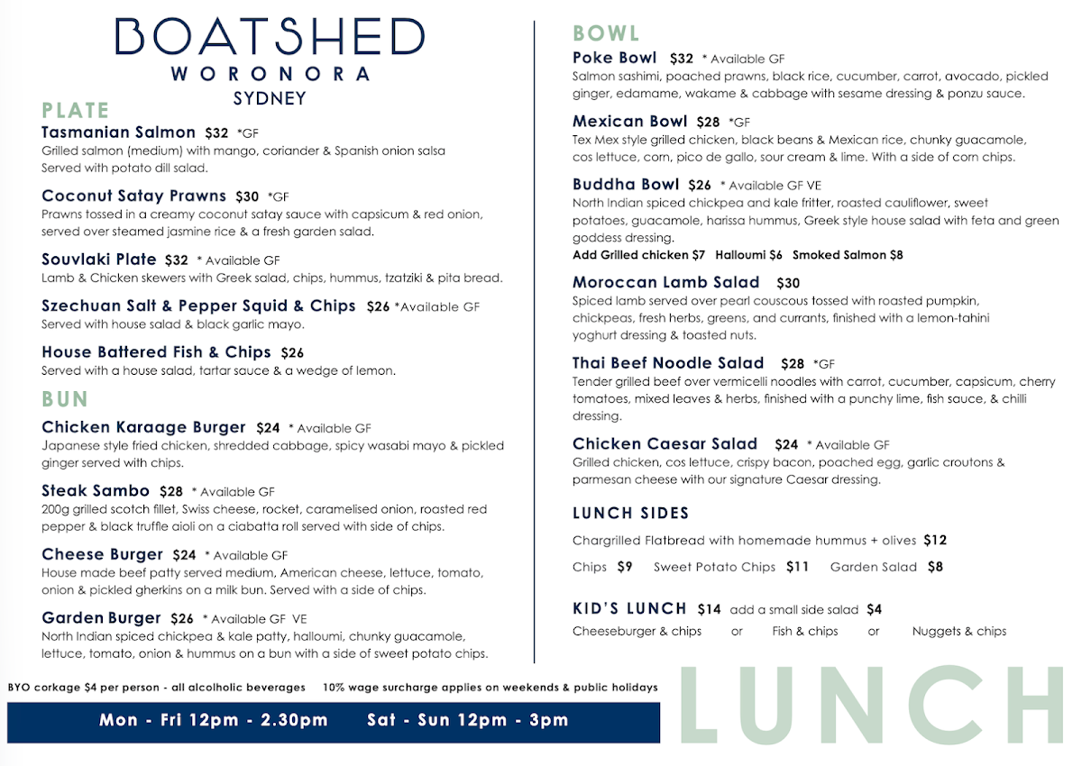 Menu, The Boatshed Woronora