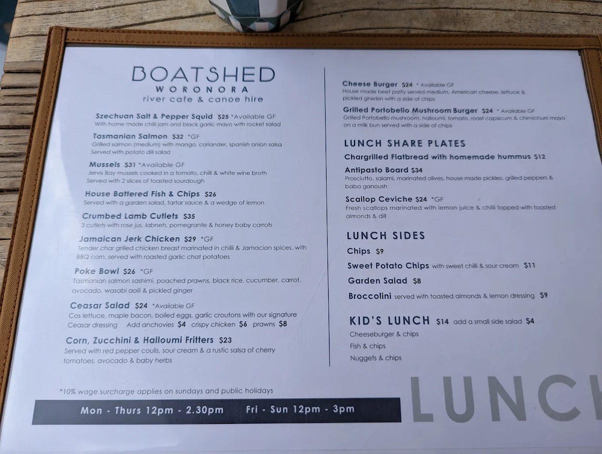 Menu, The Boatshed Woronora